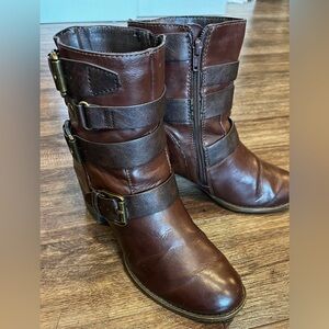 RUFF HEWN Thayer Buckled Moto Boots SZ 8.5 D chocolate strappy heeled combat